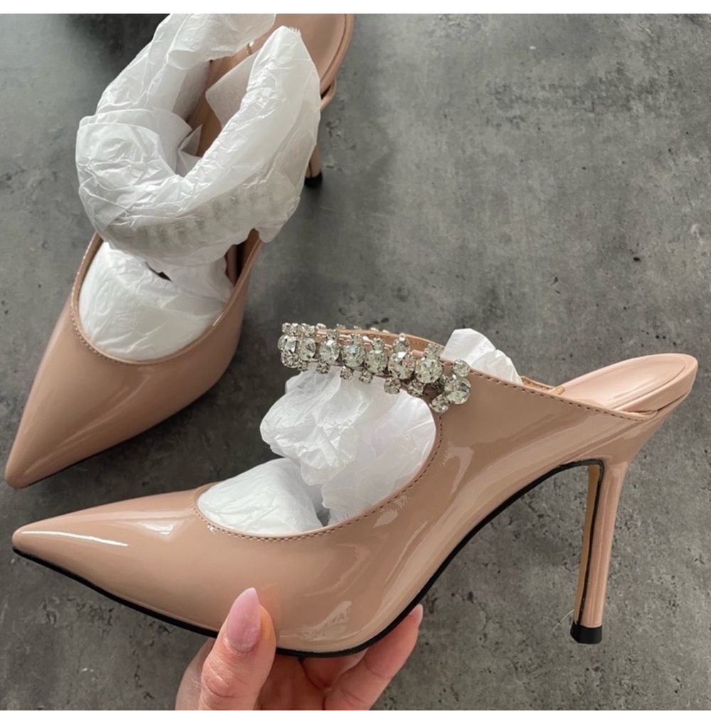 Elegant Nude Stiletto Heels with Rhinestone Strap Size 6